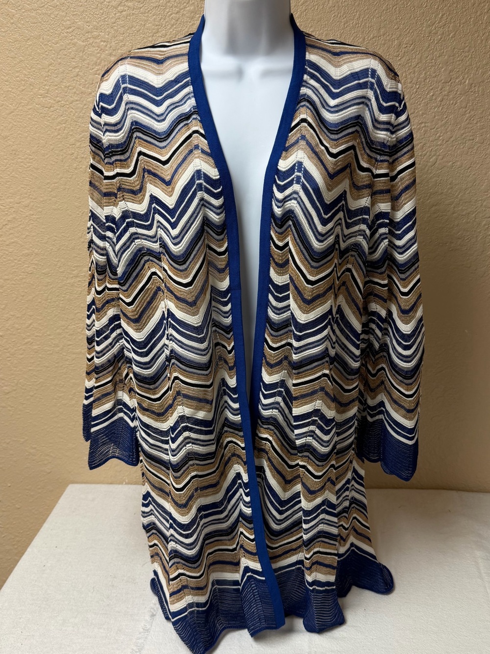 4/$20 Chico’s Open-Front Chevron Knit Cardigan - Navy, White & Tan